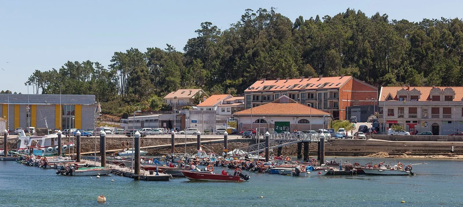 Puerto de A Illa de Arousa con barcas de pesca amarradas y una casa de tejas rojas entre pinos
