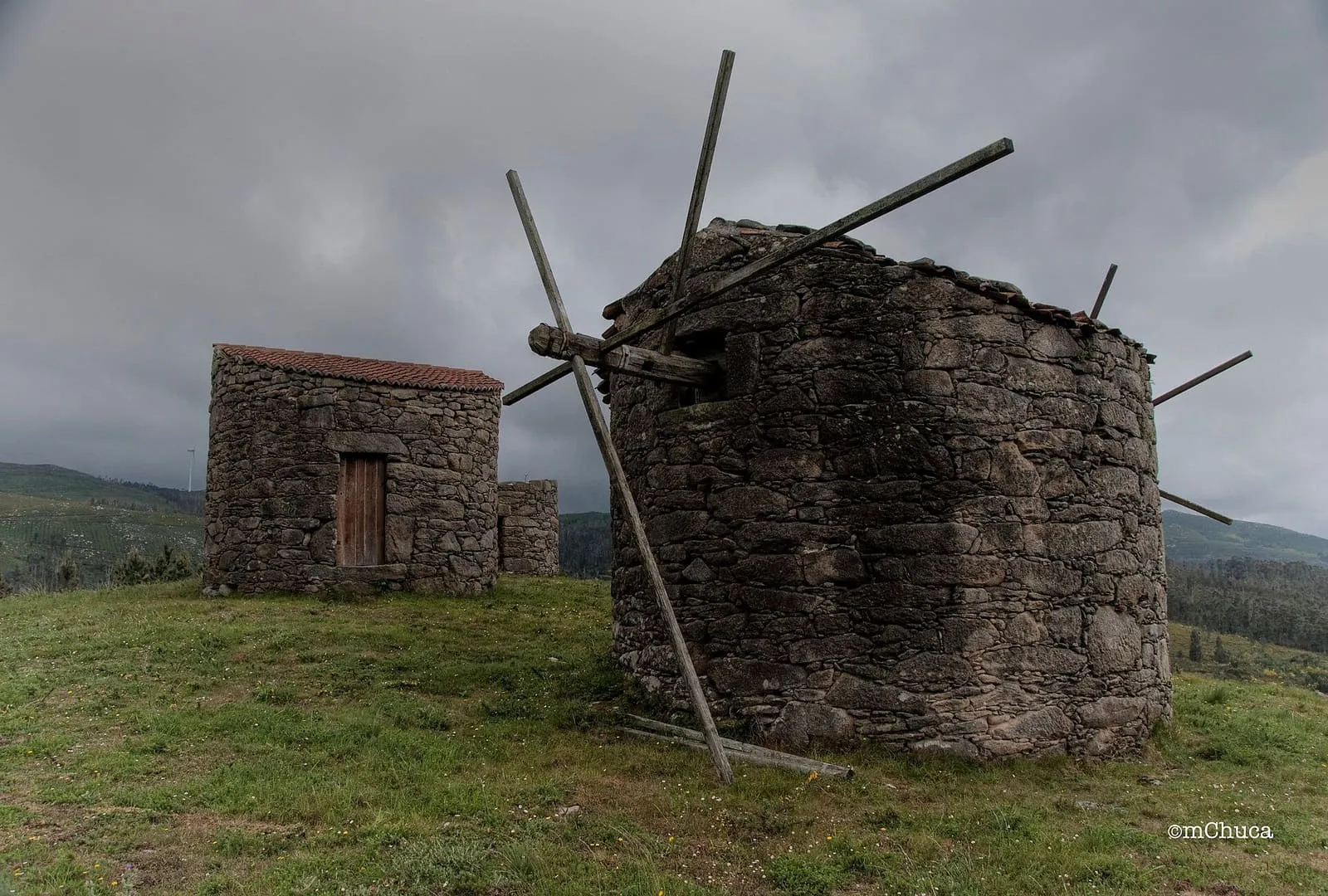 Dos antiguos molinos de viento de piedra, con sus aspas de madera, sobre un monte herboso de Abalo