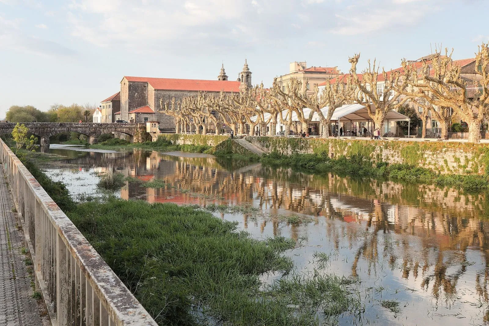 El río Sar a su paso por Padrón, con la alameda de plátanos y la iglesia al fondo