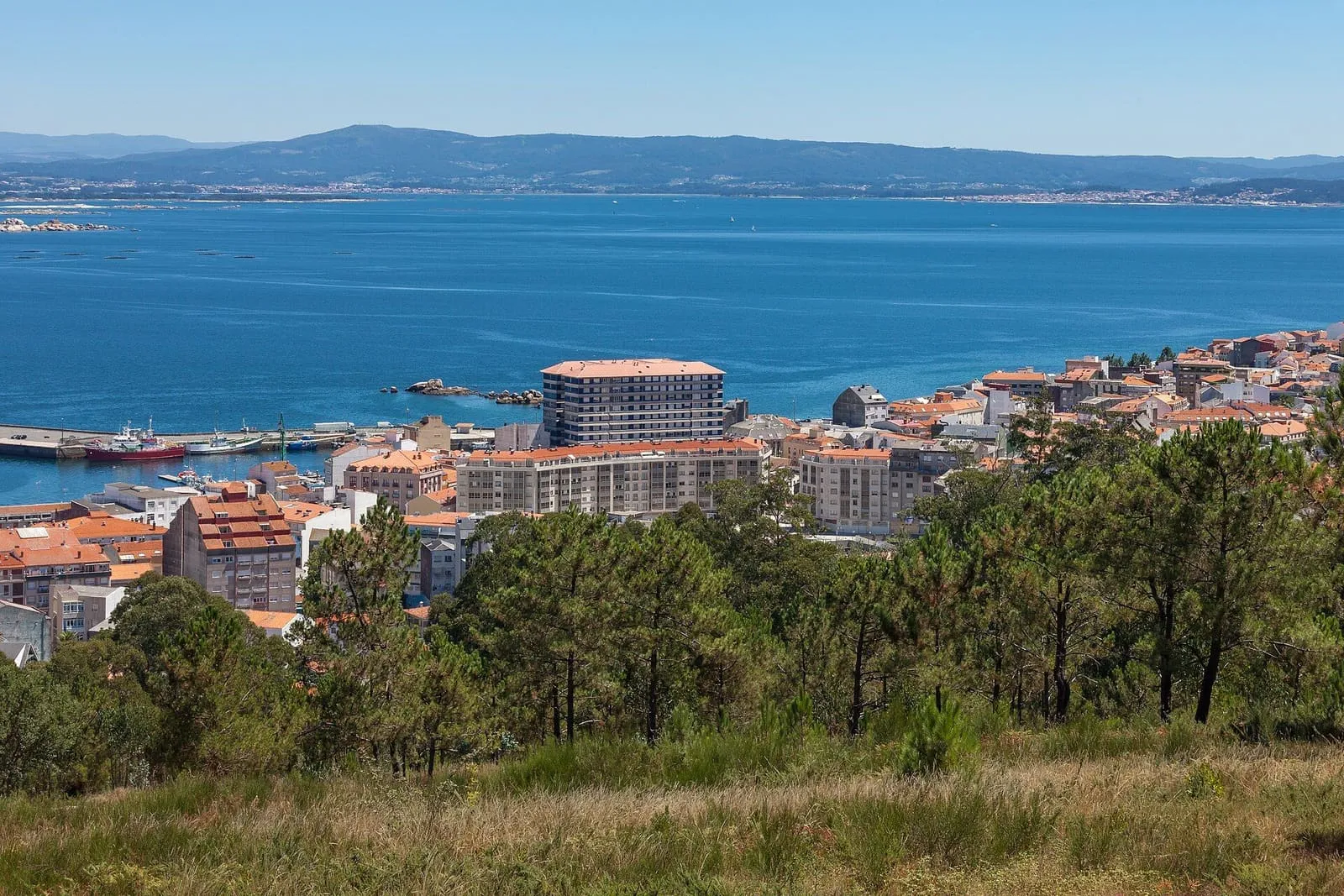 Vista de Ribeira y de la ría de Arousa desde el monte, con el casco urbano junto al puerto