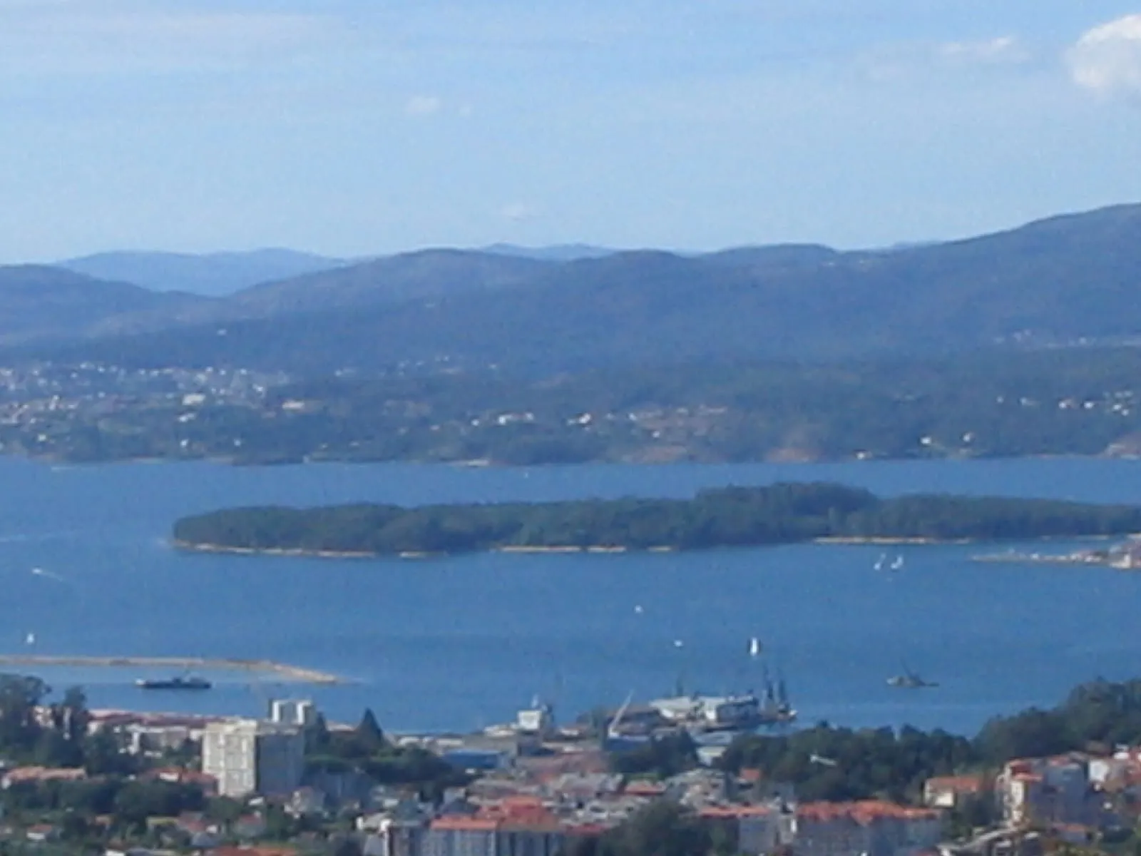 Isla de Cortegada, cubierta de arbolado, en medio de la ría de Arousa