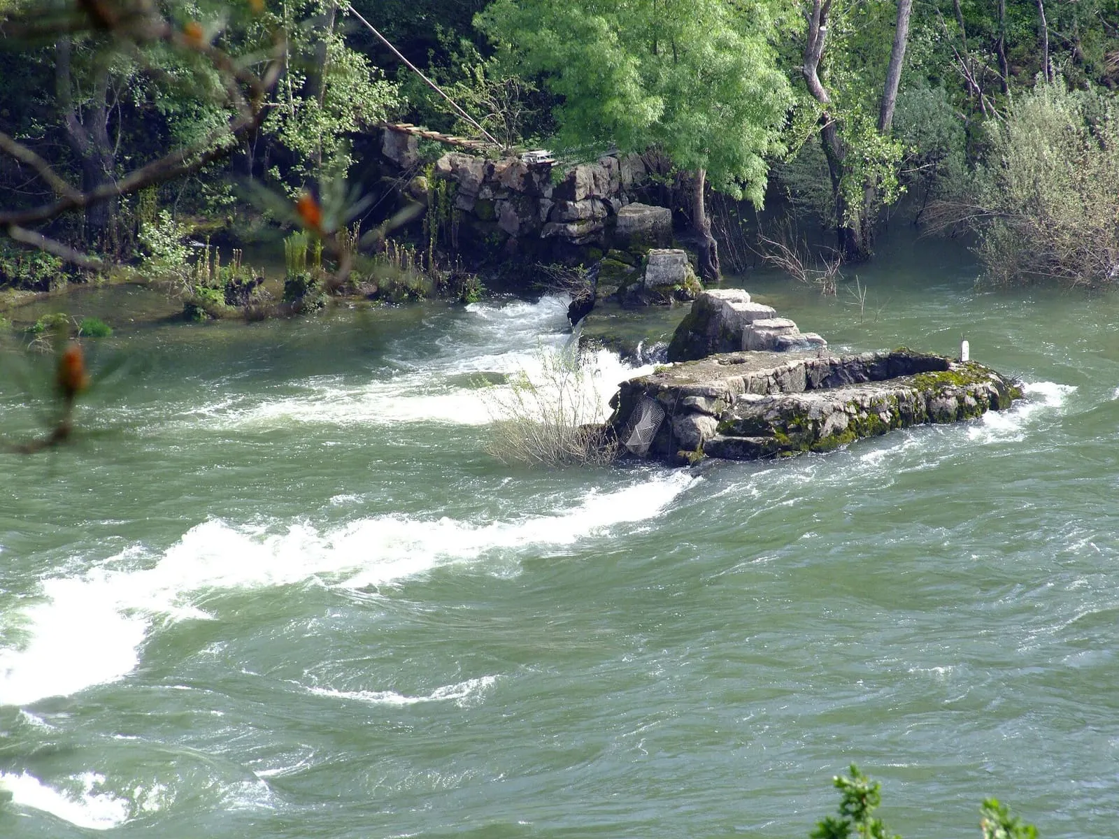 Pesqueira de piedra en medio de los rápidos del río Miño, en Arbo