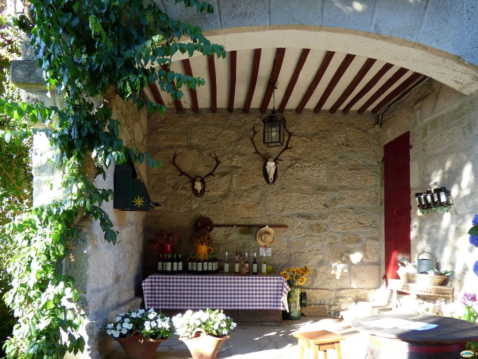 Un furancho: soportal de piedra con mesas, garrafas de vino y plantas