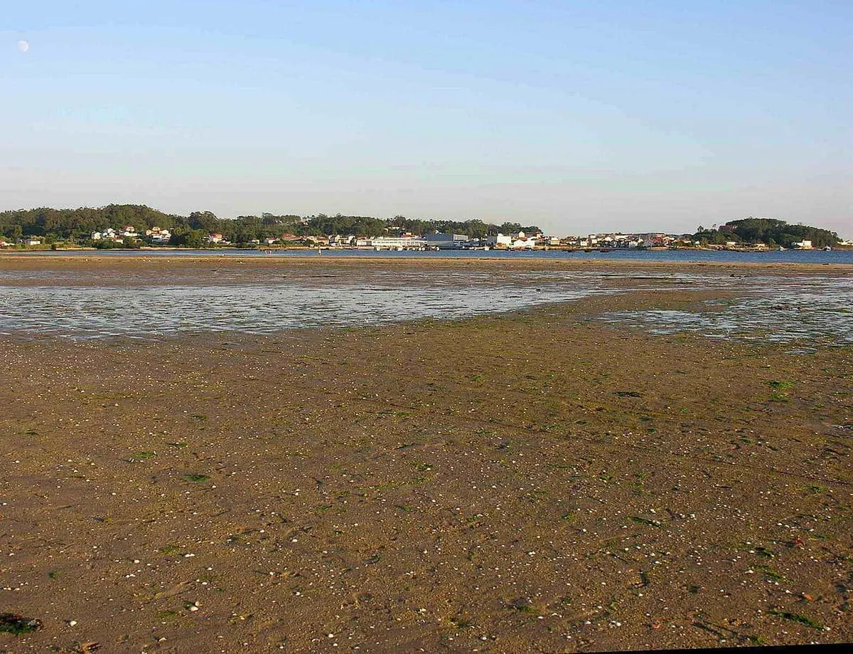 Playa de Barraña con la marea baja y la orilla al fondo