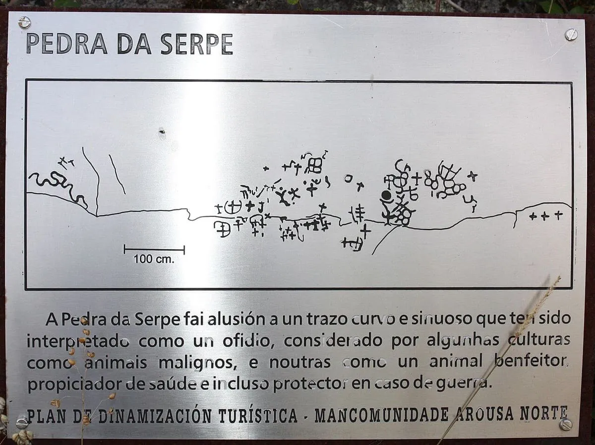 Panel informativo con el dibujo del petroglifo de la Pedra da Serpe, un trazo curvo y sinuoso