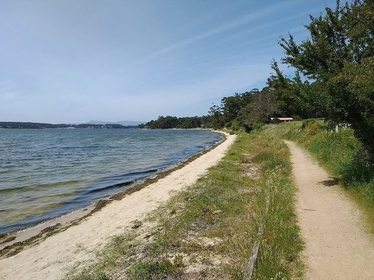 Arenal estrecho y camino junto al mar en la playa de Fontiñas, con la ría de Arousa al fondo