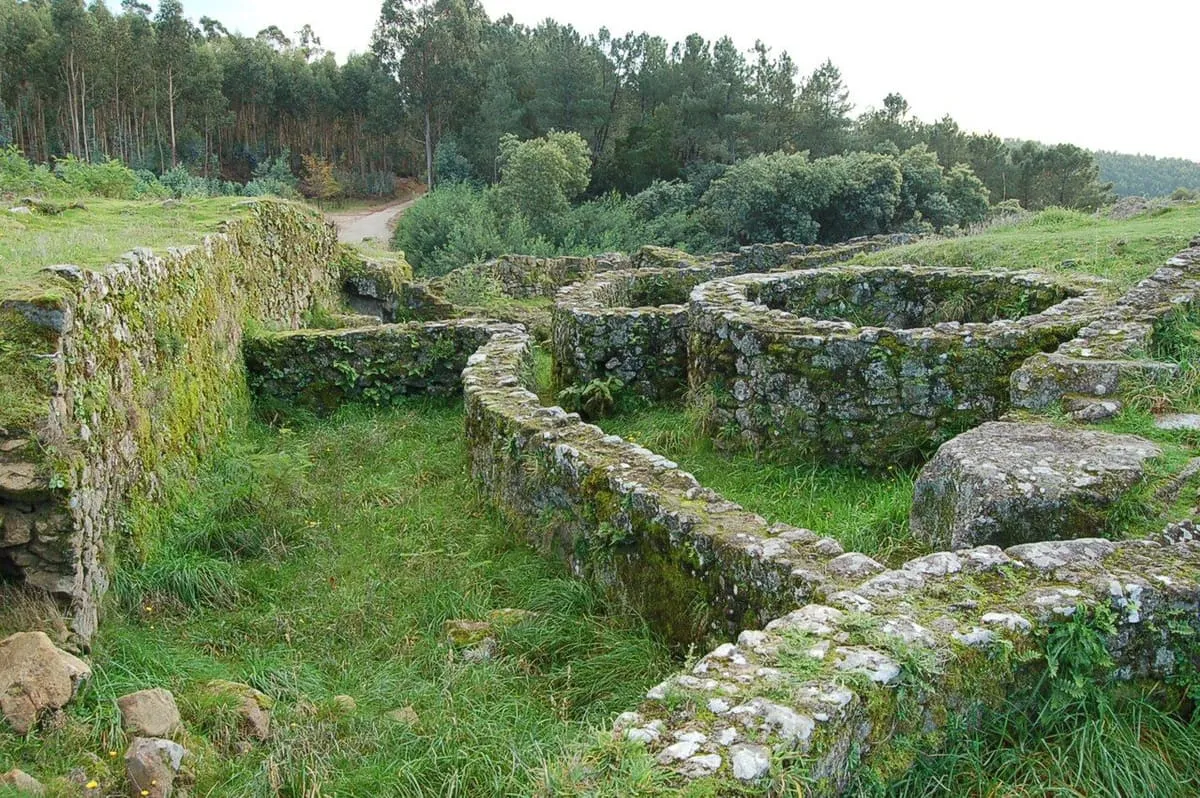 Viviendas circulares de piedra cubiertas de musgo en el castro de Troña