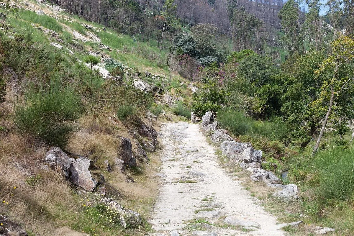 Camino empedrado que baja por la ladera junto a los molinos del Folón