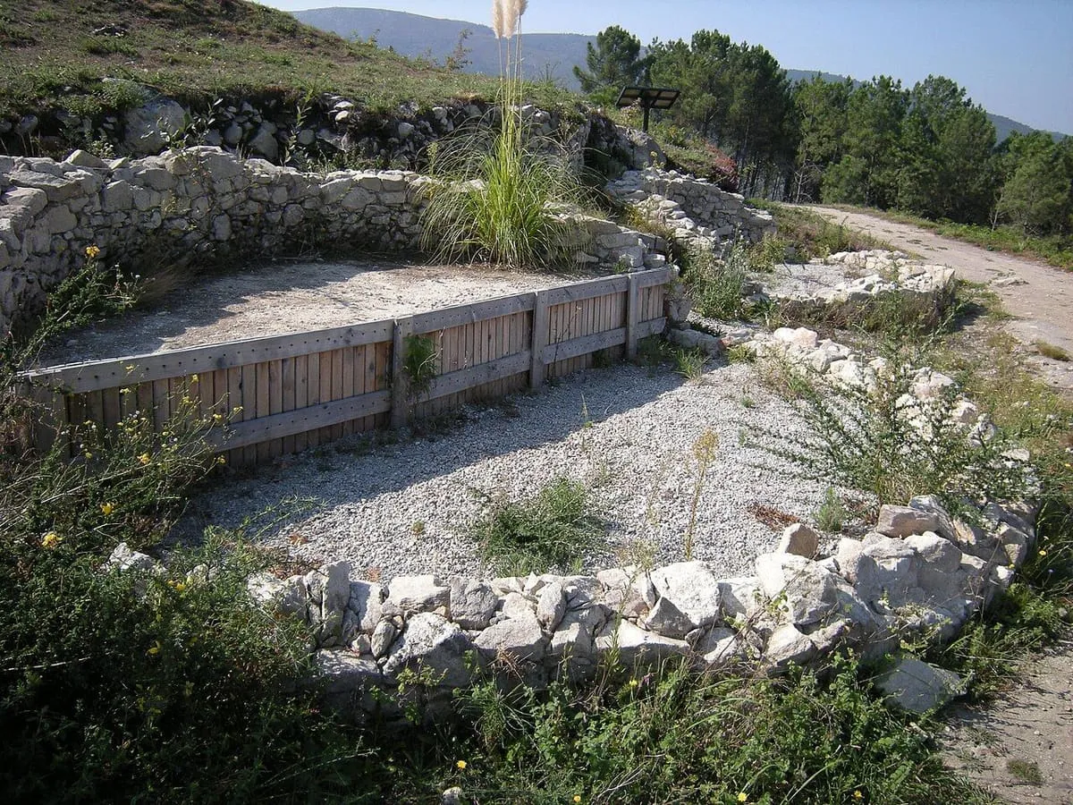 Parte del recinto del castro, con una zona de madera y muretes de piedra