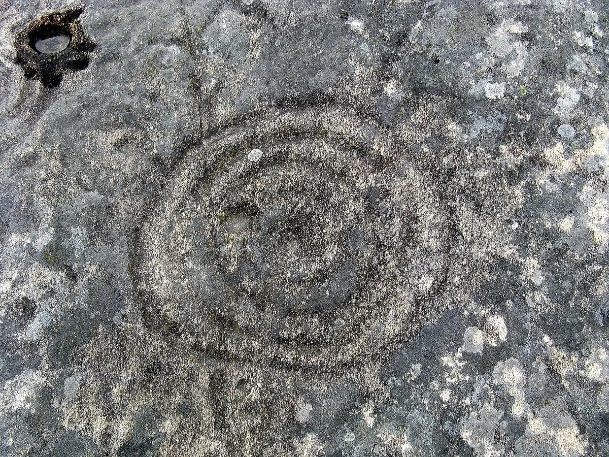 Combinación de círculos concéntricos y cazoletas grabada en una roca de Mogor