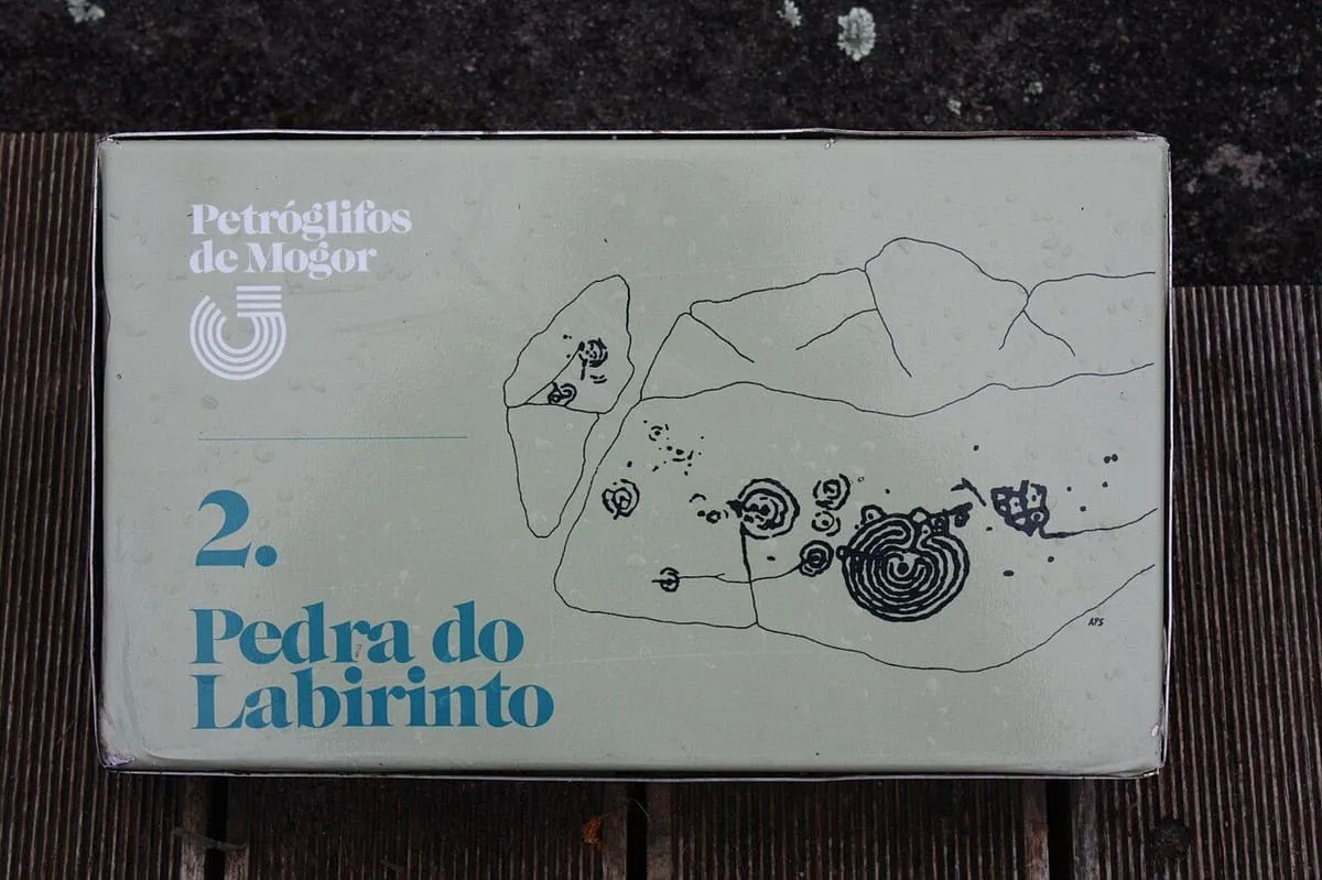 Panel informativo de los petroglifos de Mogor con el plano de la Pedra do Labirinto