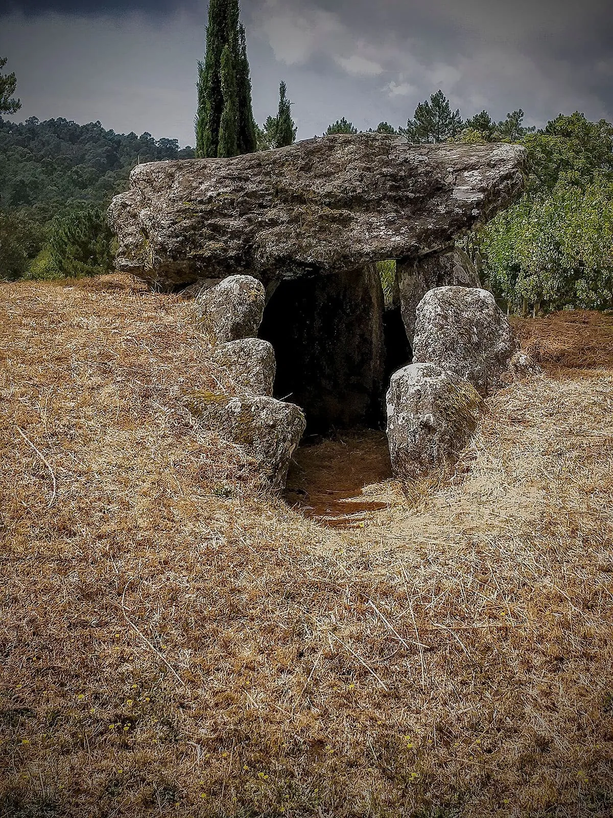 Entrada de la cámara del dolmen de Meixoeiro entre losas verticales y paja