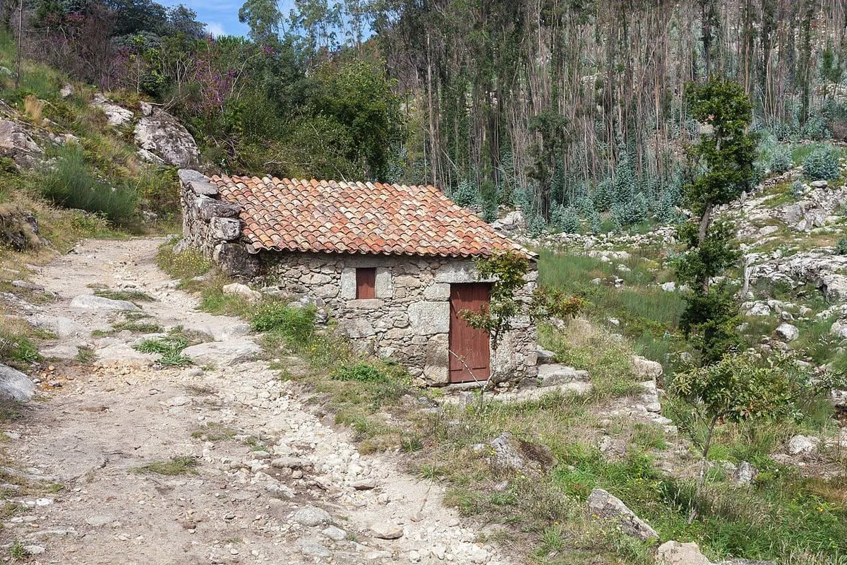 Molino de piedra con tejado de teja junto a un camino de tierra en O Folón