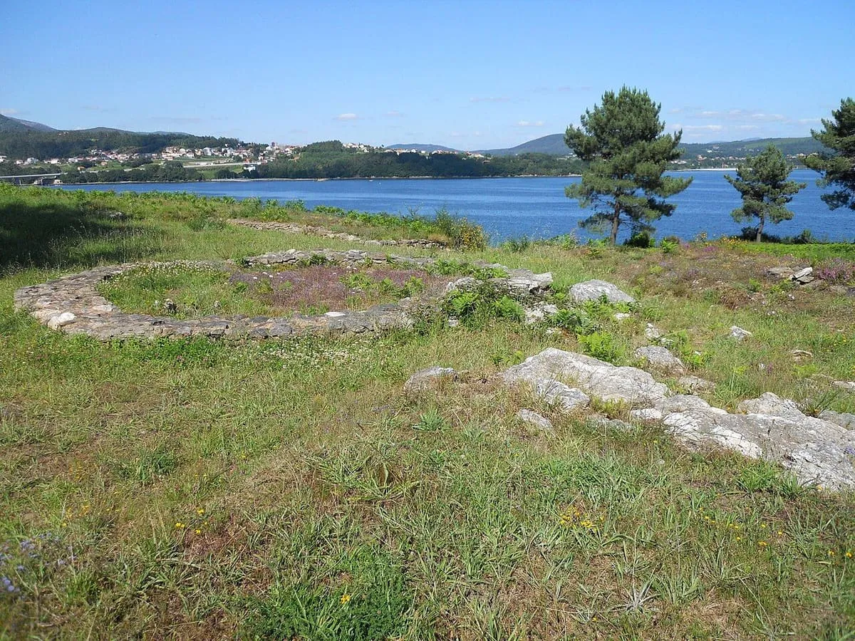 Restos de viviendas castreñas con la ría de Arousa y un pino al fondo