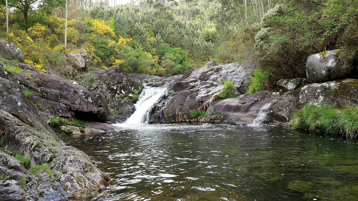 Remanso de agua tranquila entre grandes rocas lisas en el río Pedras