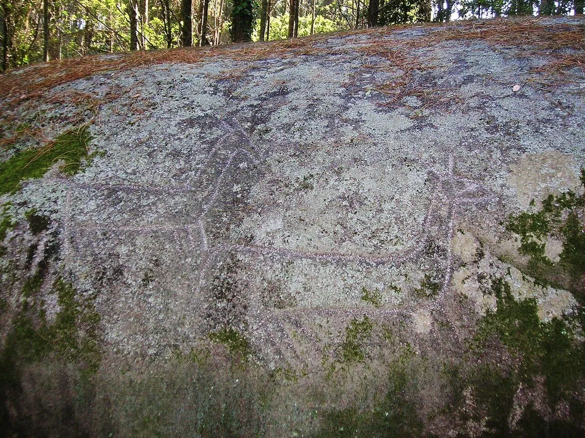 Superficie de la Pedra das Cabras con grabados rupestres muy tenues, cubierta de líquenes