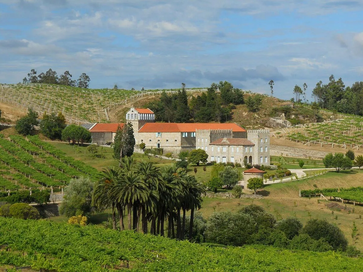 El pazo Baión entre viñedos y palmeras, en una colina de la parroquia de Baión