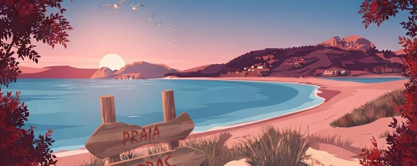 Ilustración de una playa de las islas Cíes al atardecer, con dunas, un cartel de madera y gaviotas sobre el mar