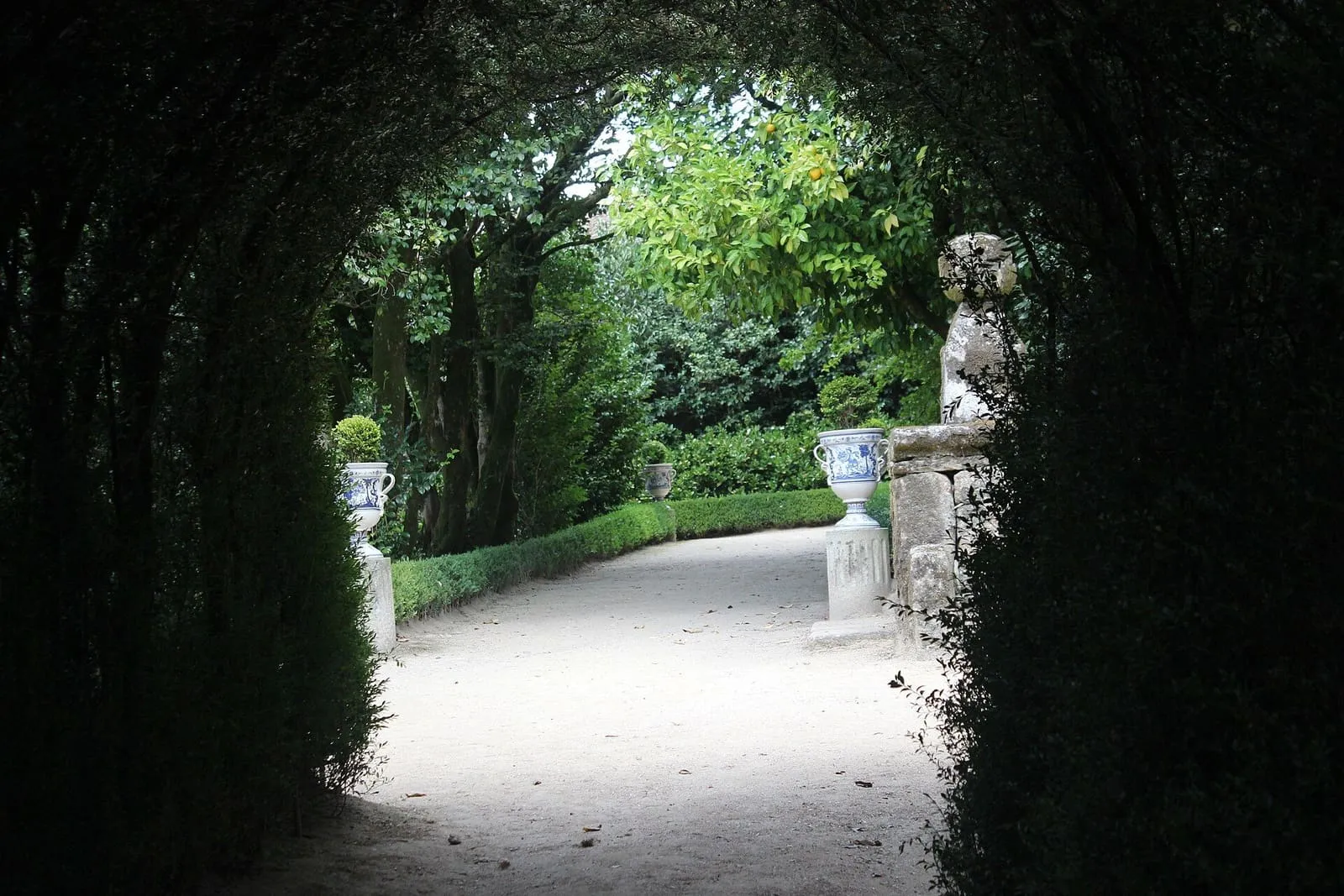 Camino de grava entre setos del jardín del Pazo de Oca