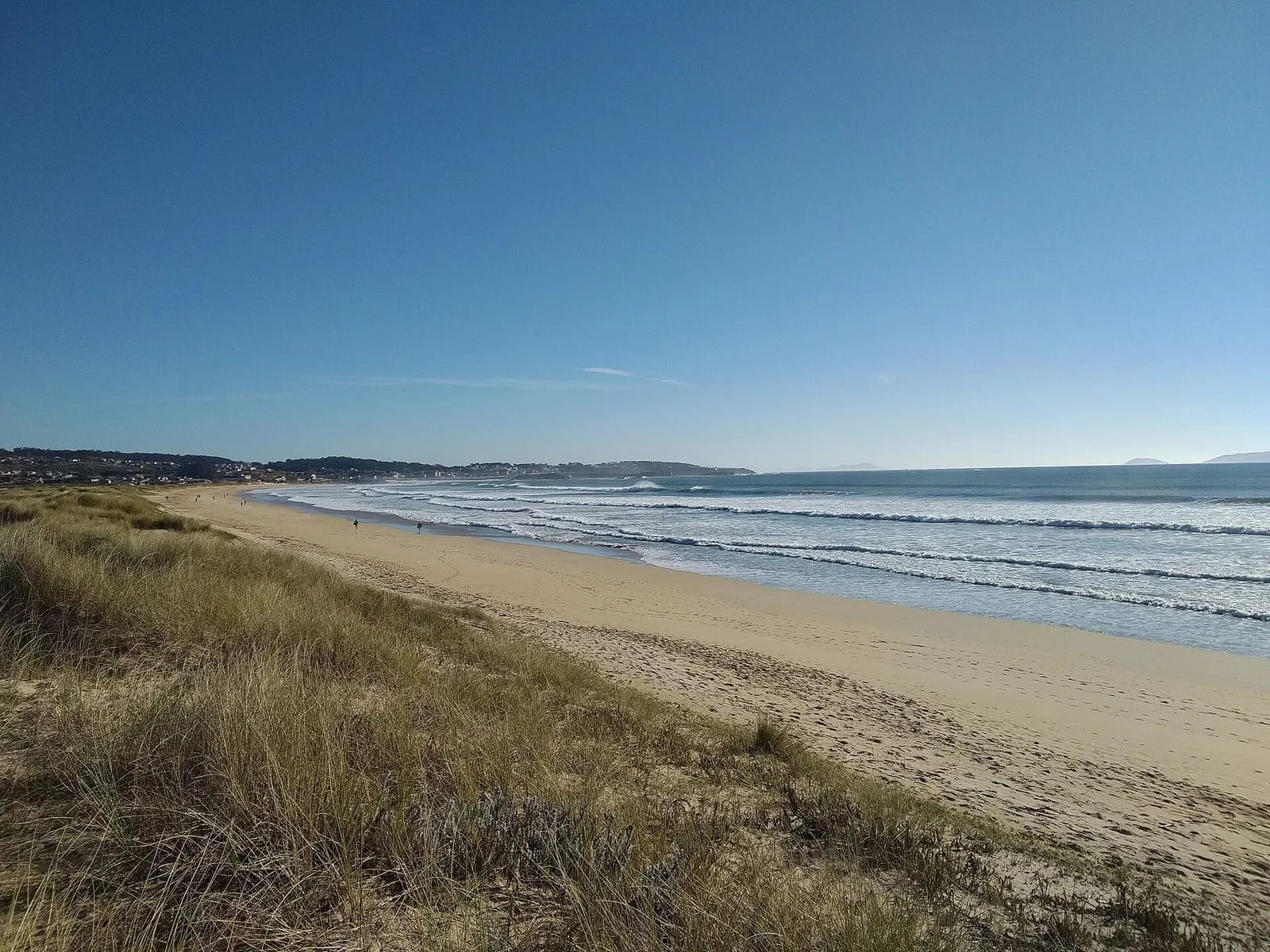 Dunas y arenal larguísimo de la playa de A Lanzada con el mar al fondo