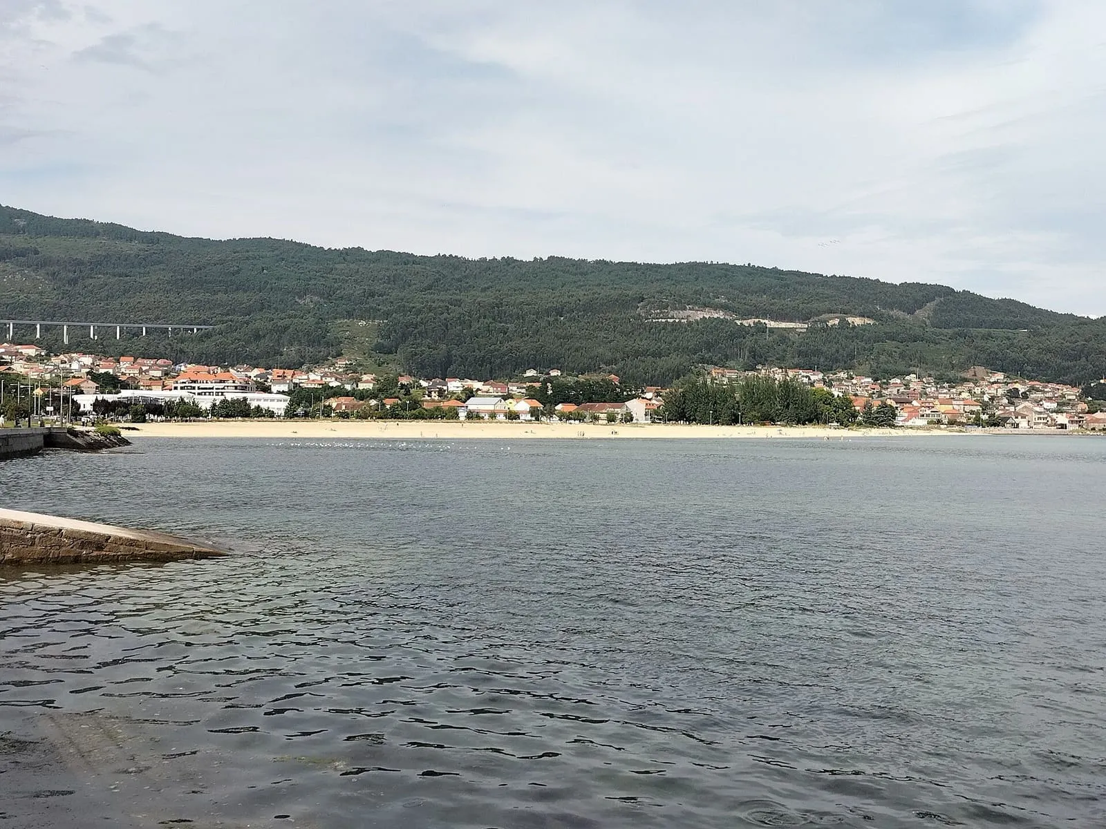 Playa de A Xunqueira y las casas de Moaña, con el puente de Rande a la izquierda