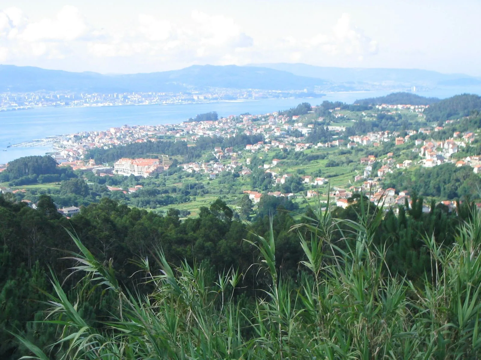 Vista de Moaña y la ría de Vigo desde el monte, con la ciudad de Vigo al fondo